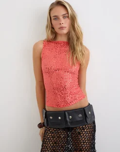 Dudley Vest Top in Sequin Knit Coral