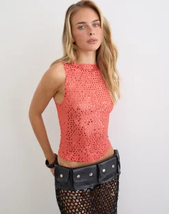 Dudley Vest Top in Sequin Knit Coral