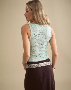 Dudley Vest Top in Sequin Knit Aqua Blue