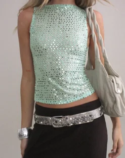Dudley Vest Top in Sequin Knit Aqua Blue