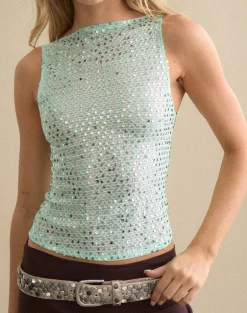 Dudley Vest Top in Sequin Knit Aqua Blue