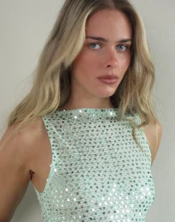 Dudley Vest Top in Sequin Knit Aqua Blue