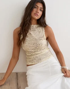 Dudley Vest Top in Sequin Knit Cream