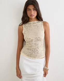 Dudley Vest Top in Sequin Knit Cream