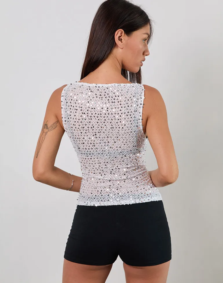 Dudley Vest Top in Sequin Knit Silver