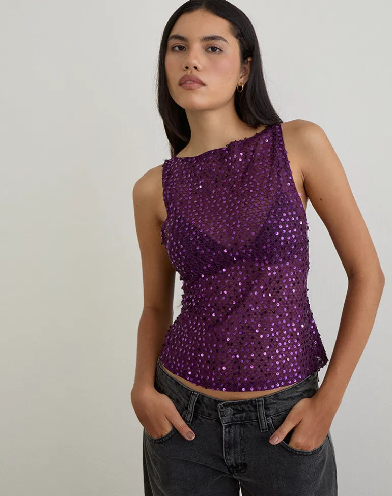 Dudley Vest Top in Sequin Knit Plum Wine