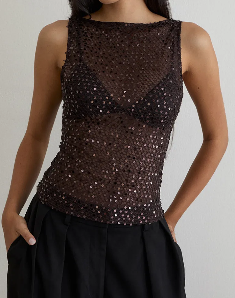 Dudley Vest Top in Sequin Knit Coffee