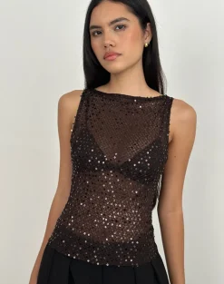 Dudley Vest Top in Sequin Knit Coffee