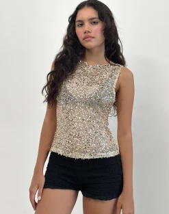 Dudley Vest Top in Sequin Mesh Gold
