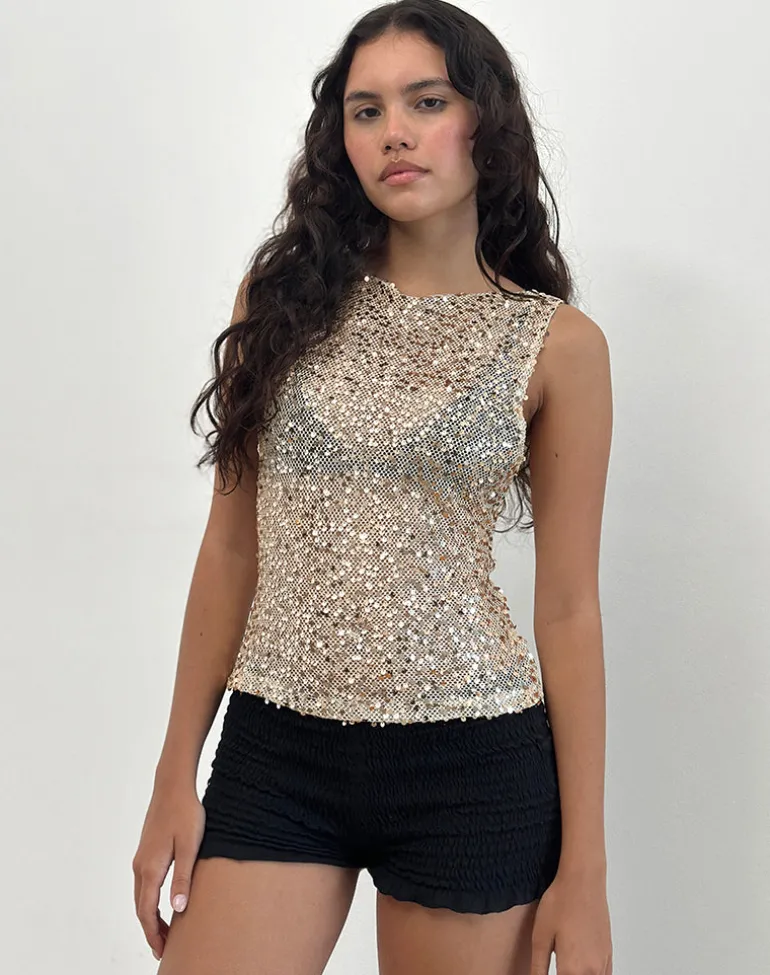 Dudley Vest Top in Sequin Mesh Gold