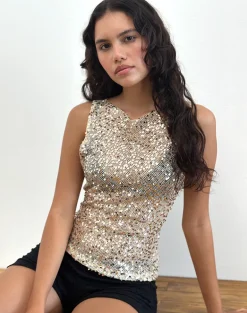Dudley Vest Top in Sequin Mesh Gold