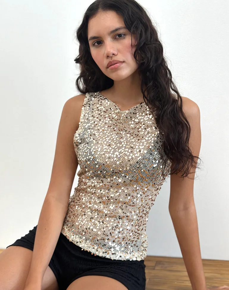 Dudley Vest Top in Sequin Mesh Gold