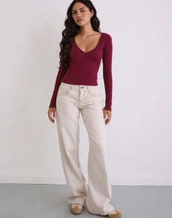 Dulcet Ribbed Plunge Long Sleeve Top in Burgundy