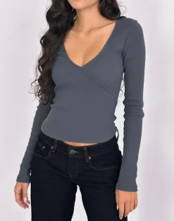 Dulcet Ribbed Plunge Long Sleeve Top in Blue Granite