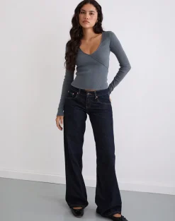 Dulcet Ribbed Plunge Long Sleeve Top in Blue Granite