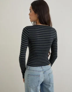 Dulcet Ribbed Plunge Top in Classic Striped Navy and Grey