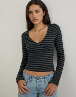 Dulcet Ribbed Plunge Top in Classic Striped Navy and Grey