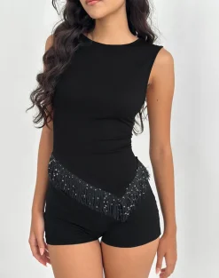 Dusya Fringe Trim Top in Cupro Black