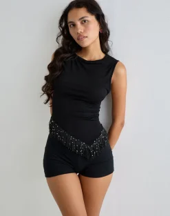 Dusya Fringe Trim Top in Cupro Black