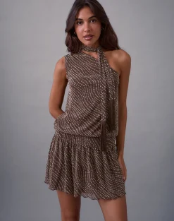 Dyle Mini Dress in Abstract Polka Flock Brown
