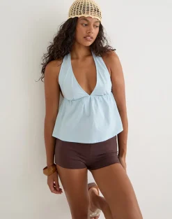 Eldana Halterneck Top in Poplin Ice Blue