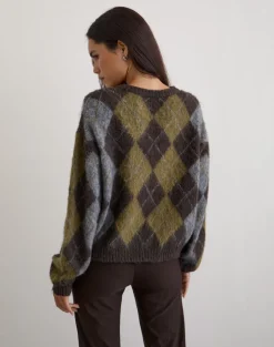 Eliana Cardigan in Knit Argyle Brown