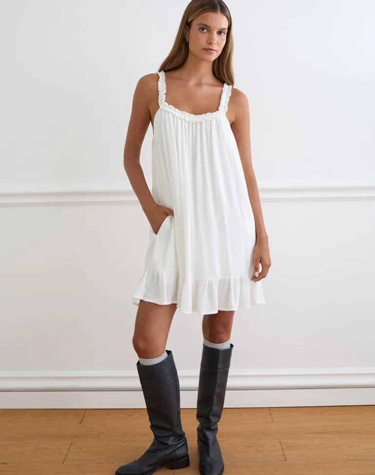 Elowen Frill Mini Dress in Crinkle Off White