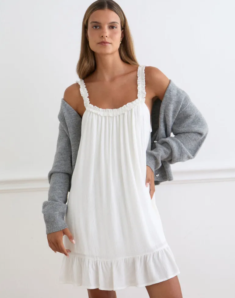 Elowen Frill Mini Dress in Crinkle Off White
