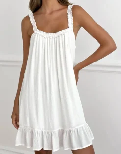 Elowen Frill Mini Dress in Crinkle Off White