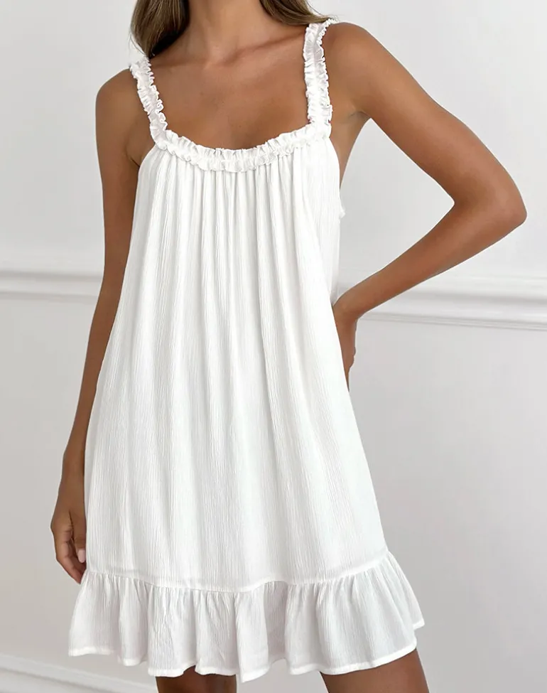 Elowen Frill Mini Dress in Crinkle Off White