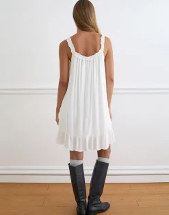 Elowen Frill Mini Dress in Crinkle Off White