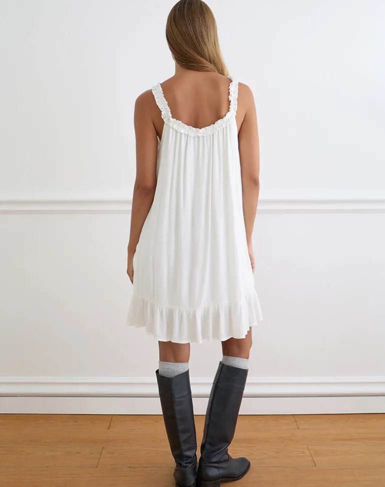 Elowen Frill Mini Dress in Crinkle Off White