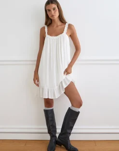 Elowen Frill Mini Dress in Crinkle Off White