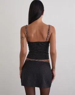 Elsa Top in Pinstripe Black with Leopard Binding