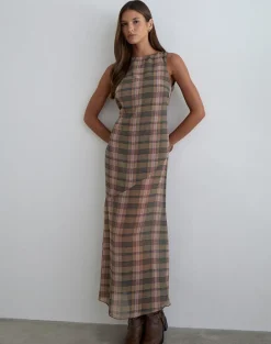 Elska Maxi Dress in Brown and Pink Blurry Check