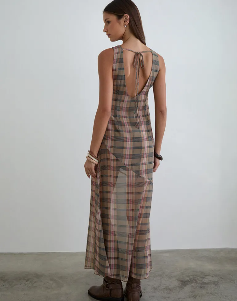 Elska Maxi Dress in Brown and Pink Blurry Check