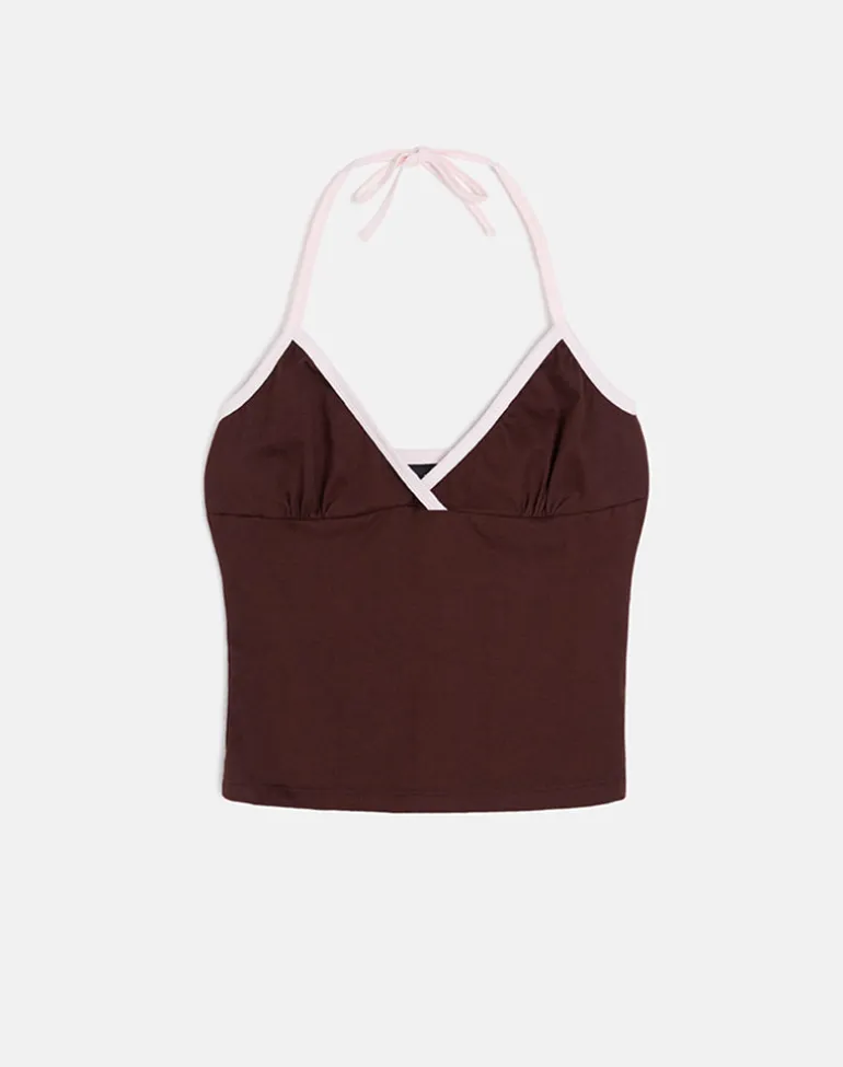 Elspe Halter Top in Bitter Chocolate with Light Pink Binding