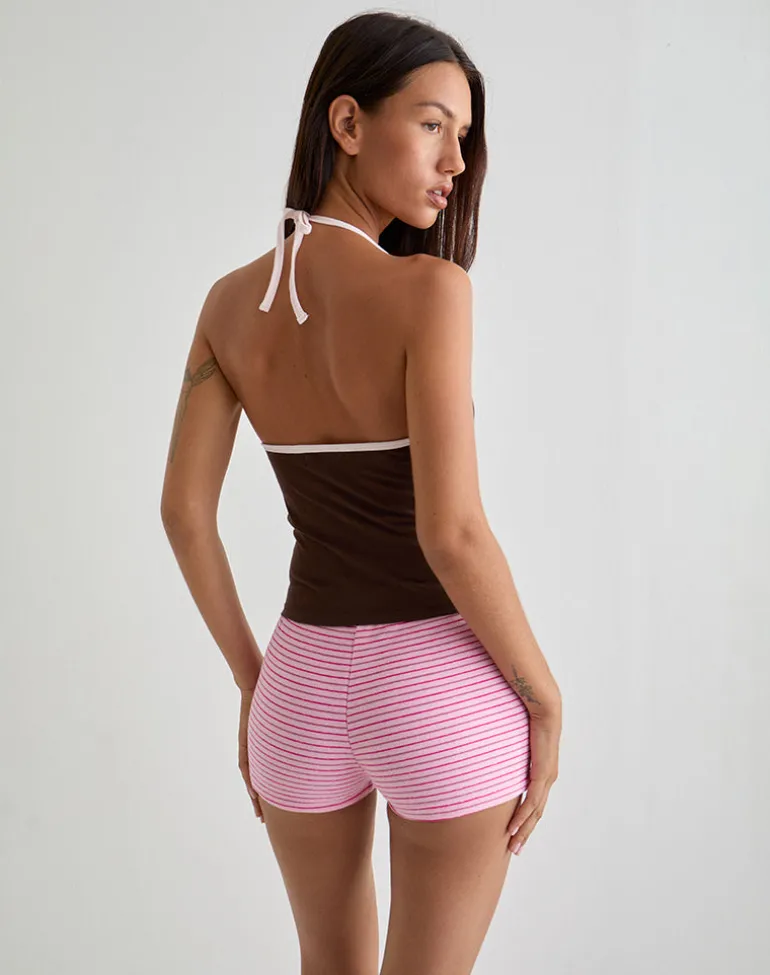 Elspe Halter Top in Bitter Chocolate with Light Pink Binding