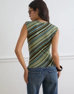 Emberly Plunge Top in Mixed Stripe Green