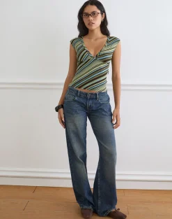 Emberly Plunge Top in Mixed Stripe Green