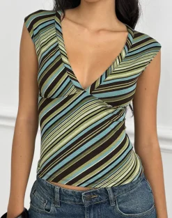 Emberly Plunge Top in Mixed Stripe Green