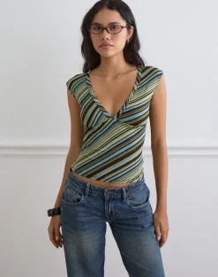 Emberly Plunge Top in Mixed Stripe Green