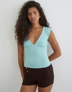 Emberly Plunge Top in Rayon Jersey Aqua