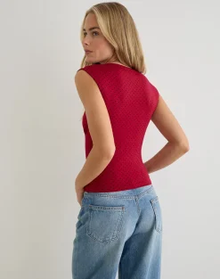 Emberly Plunge Top in Red with Micro Polka Black