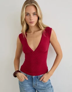 Emberly Plunge Top in Red with Micro Polka Black