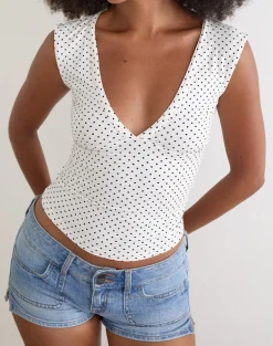 Emberly Plunge Top in White with Micro Polka Black