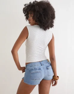 Emberly Plunge Top in White with Micro Polka Black