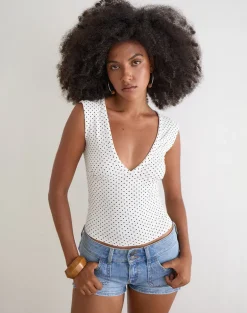 Emberly Plunge Top in White with Micro Polka Black