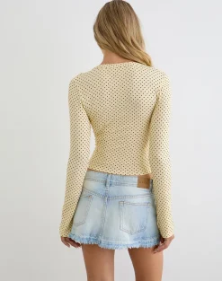 Emesy Long Sleeve Top in Butter Yellow with Micro Polka Dots