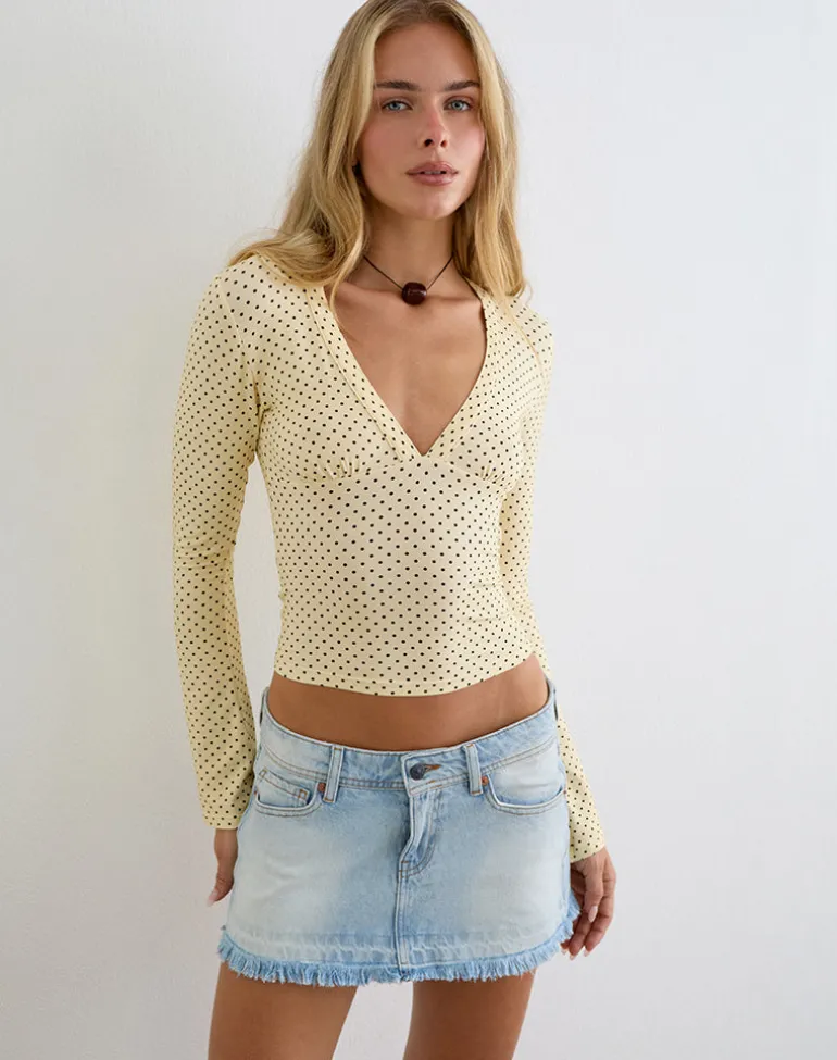 Emesy Long Sleeve Top in Butter Yellow with Micro Polka Dots
